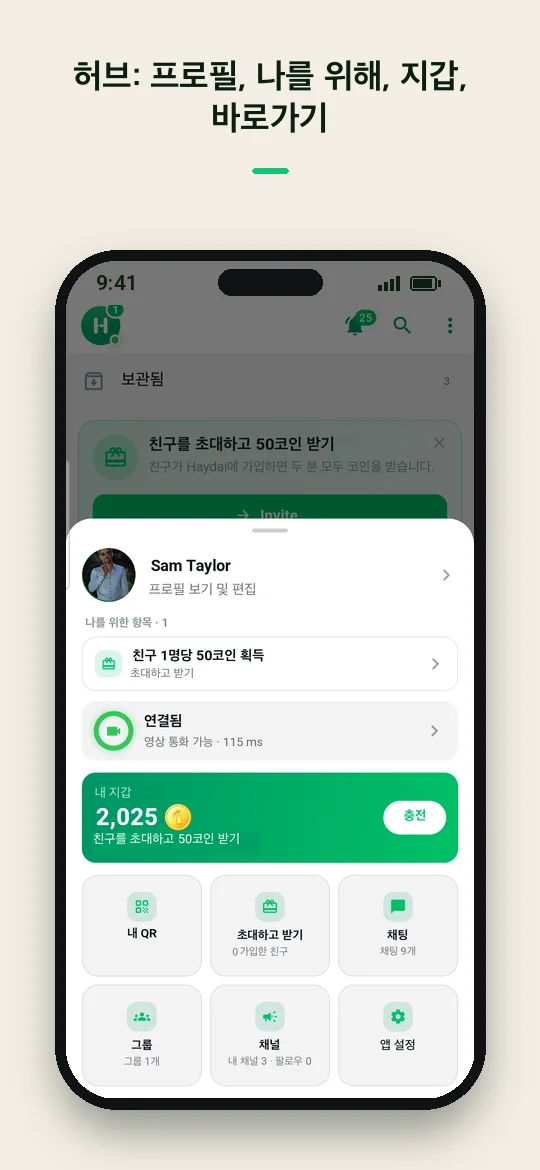 허브: 프로필, 나를 위해, 지갑, 바로가기 — Haydai