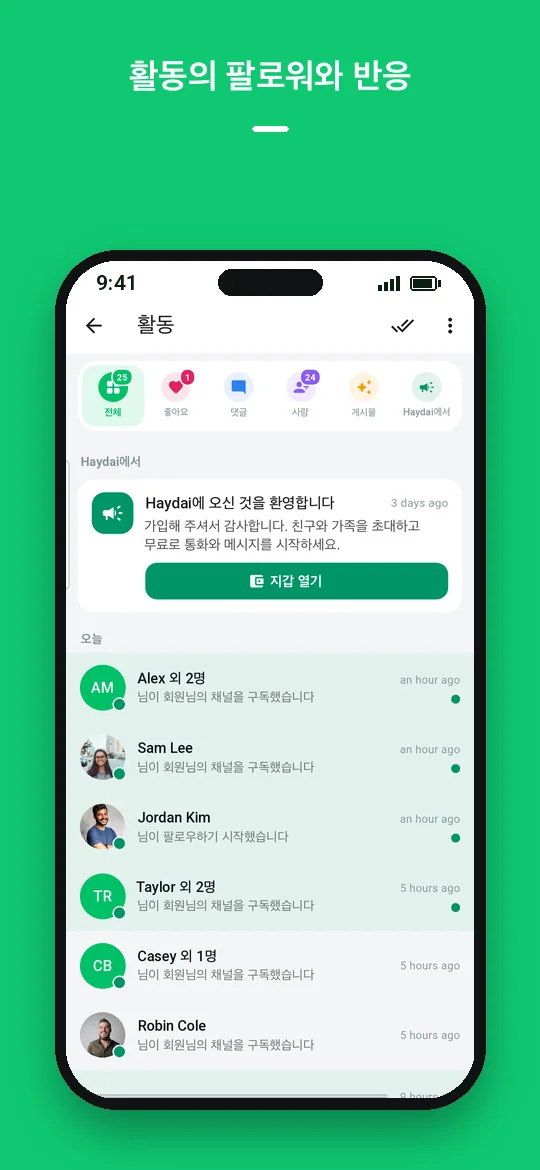 활동의 팔로워와 반응 — Haydai