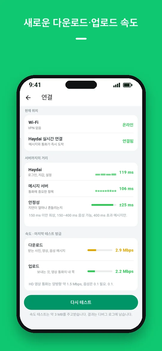 새로운 다운로드·업로드 속도 — Haydai