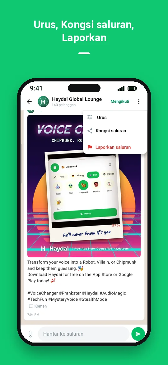 Urus, Kongsi saluran, Laporkan — Haydai