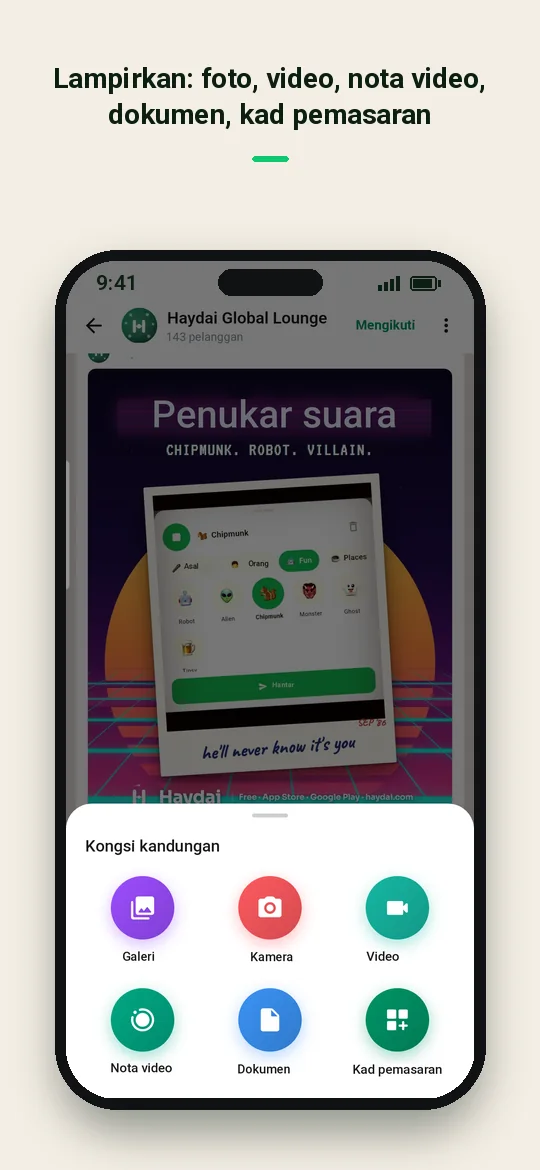 Lampirkan: foto, video, nota video, dokumen, kad pemasaran — Haydai