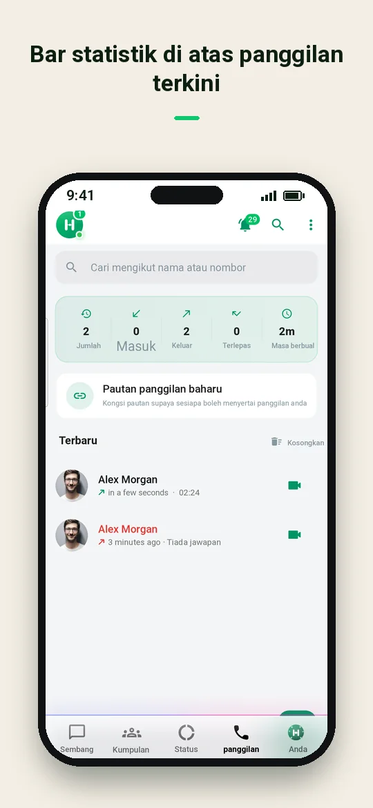 Bar statistik di atas panggilan terkini — Haydai
