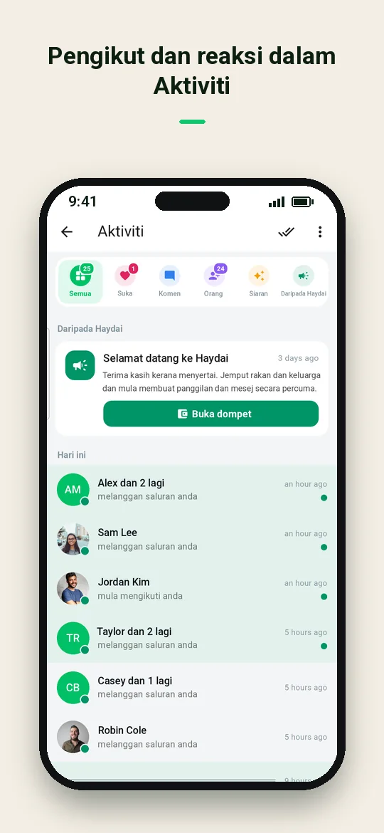 Pengikut dan reaksi dalam Aktiviti — Haydai