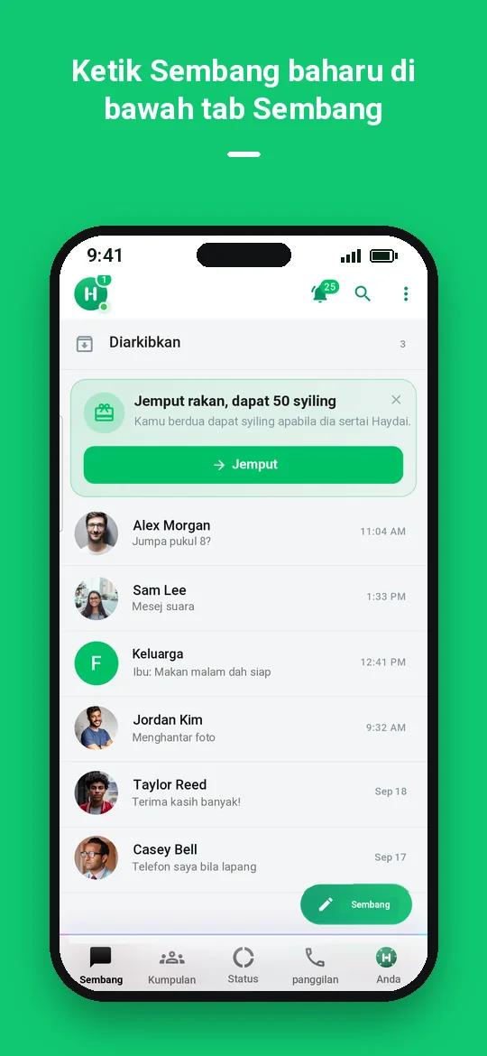 Ketik Sembang baharu di bawah tab Sembang — Haydai