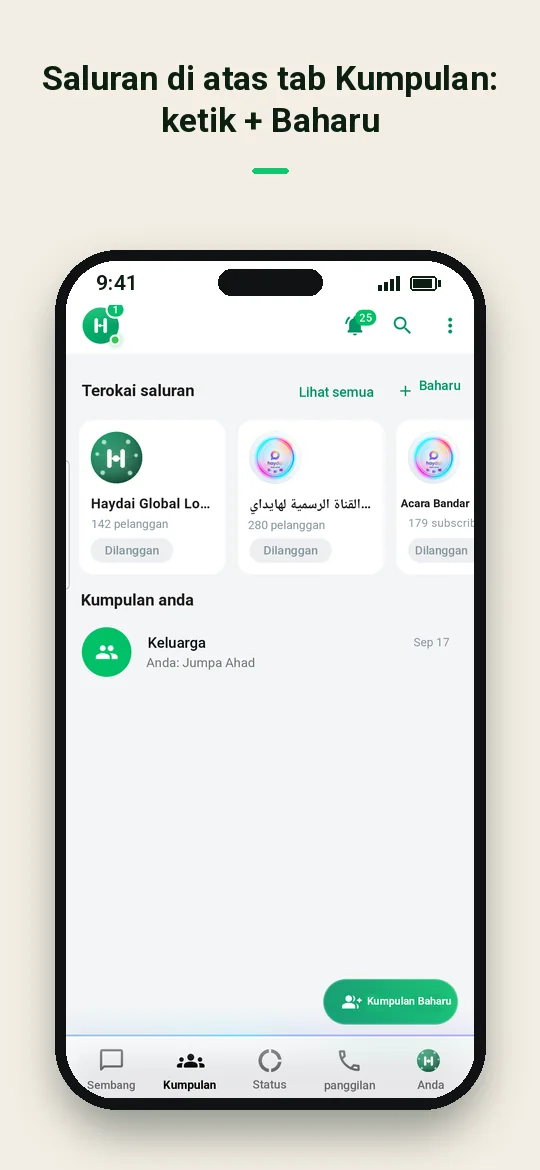 Saluran di atas tab Kumpulan: ketik + Baharu — Haydai