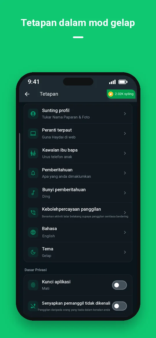 Tetapan dalam mod gelap — Haydai