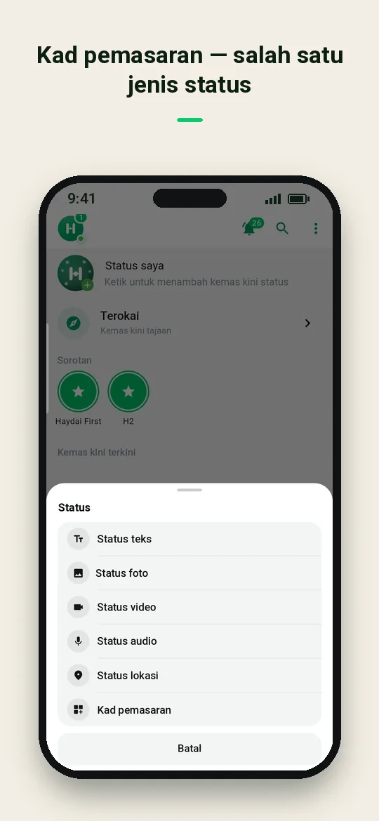 Kad pemasaran — salah satu jenis status — Haydai