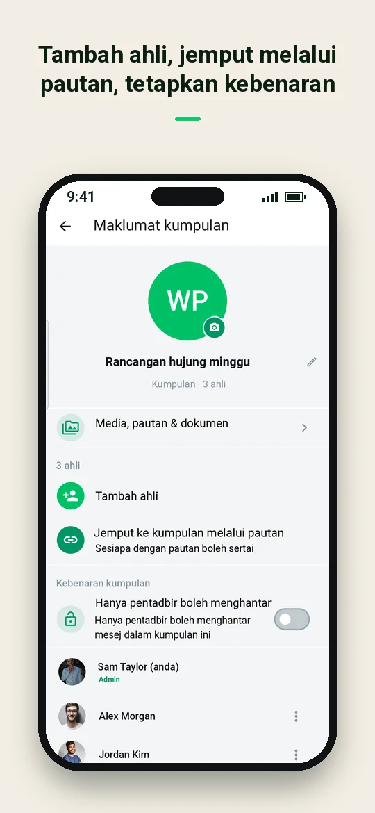 Tambah ahli, jemput melalui pautan, tetapkan kebenaran — Haydai