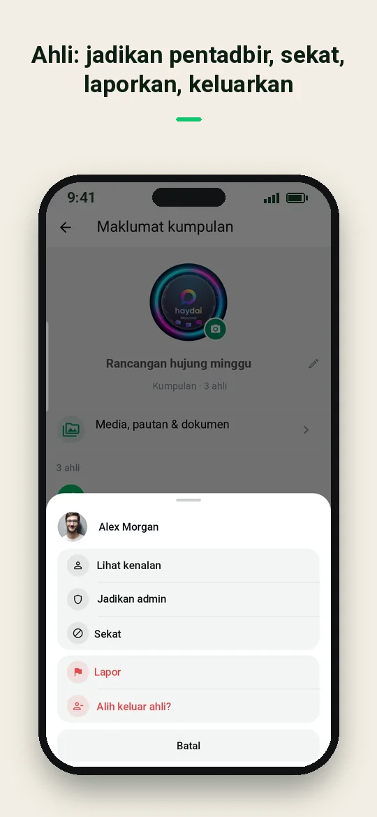 Ahli: jadikan pentadbir, sekat, laporkan, keluarkan — Haydai