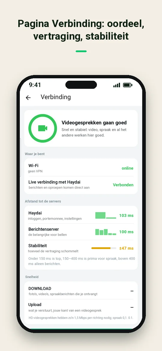 Pagina Verbinding: oordeel, vertraging, stabiliteit — Haydai