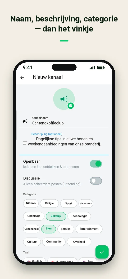 Naam, beschrijving, categorie — dan het vinkje — Haydai