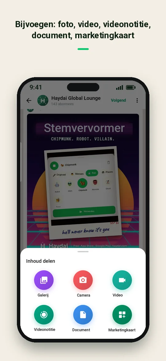 Bijvoegen: foto, video, videonotitie, document, marketingkaart — Haydai