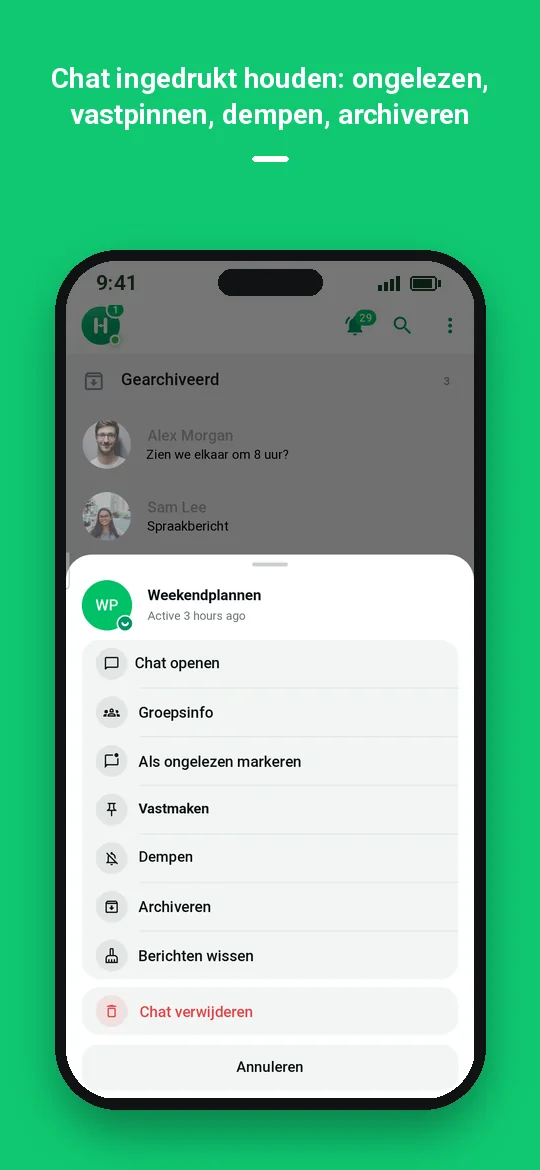 Chat ingedrukt houden: ongelezen, vastpinnen, dempen, archiveren — Haydai