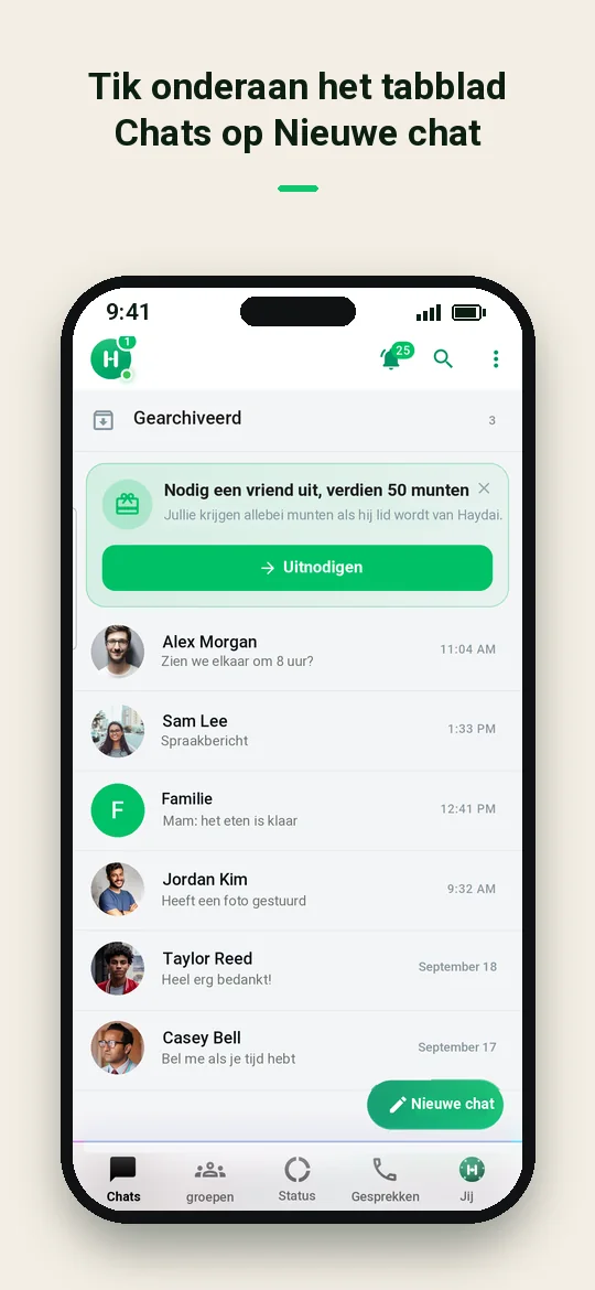 Tik onderaan het tabblad Chats op Nieuwe chat — Haydai