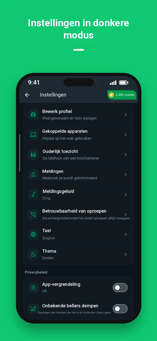 Instellingen in donkere modus — Haydai