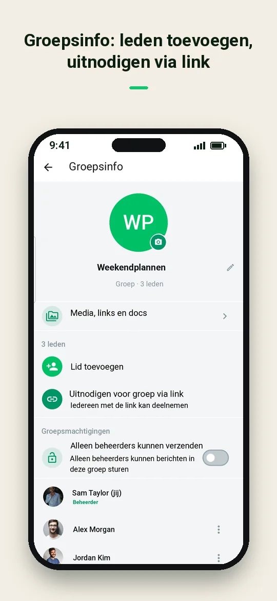 Groepsinfo: leden toevoegen, uitnodigen via link — Haydai