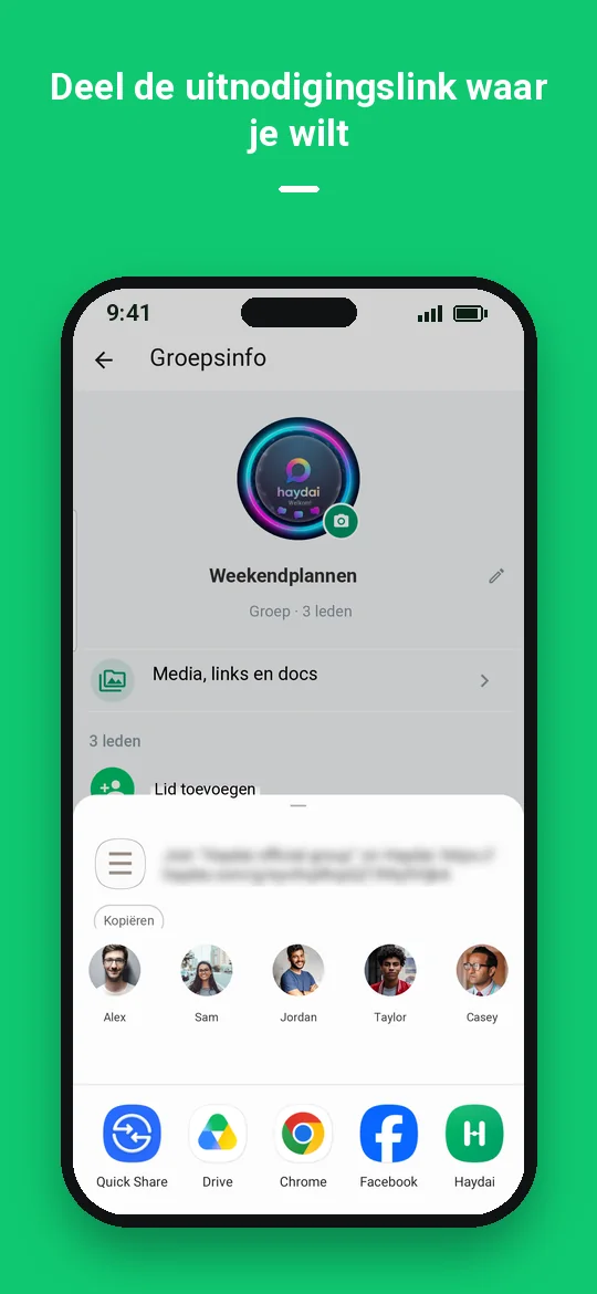Deel de uitnodigingslink waar je wilt — Haydai