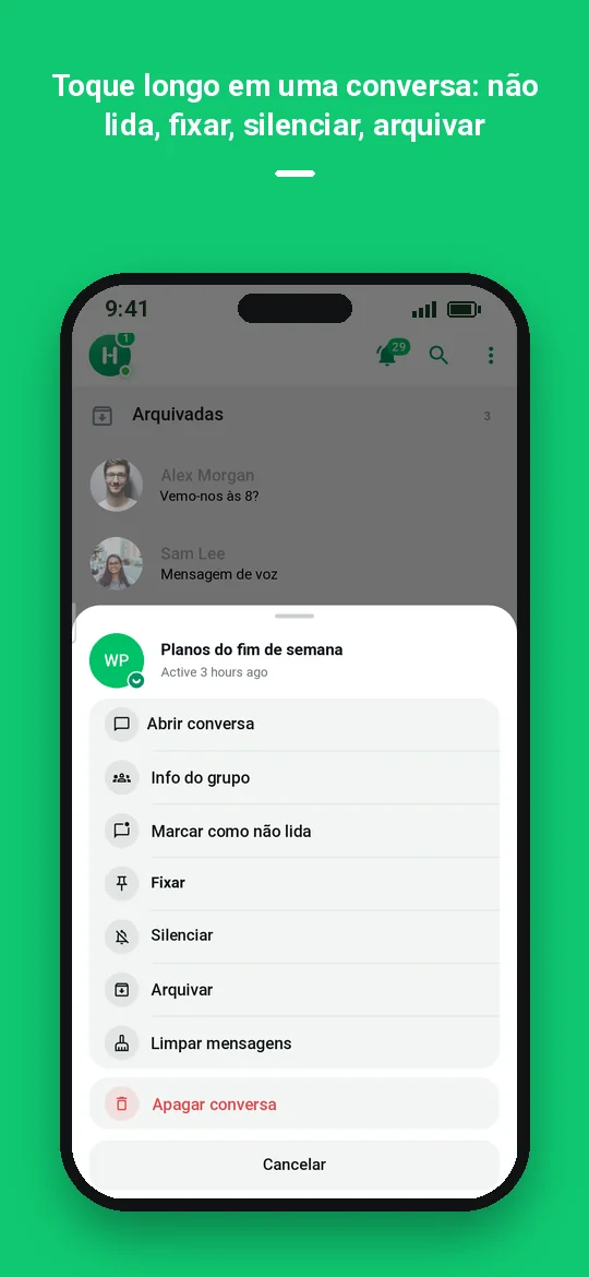 Toque longo em uma conversa: não lida, fixar, silenciar, arquivar — Haydai