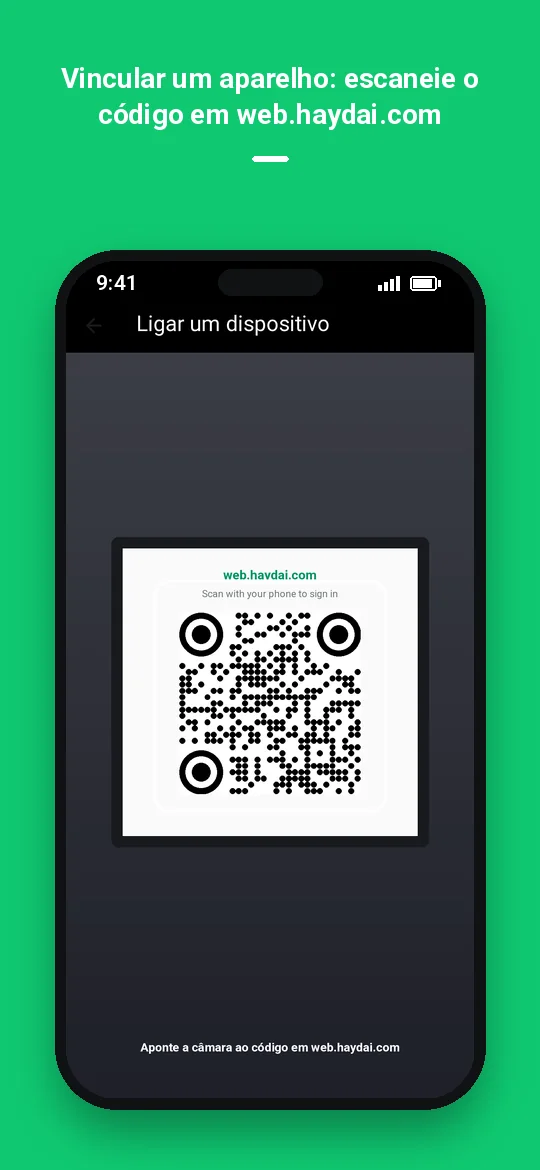 Vincular um aparelho: escaneie o código em web.haydai.com — Haydai