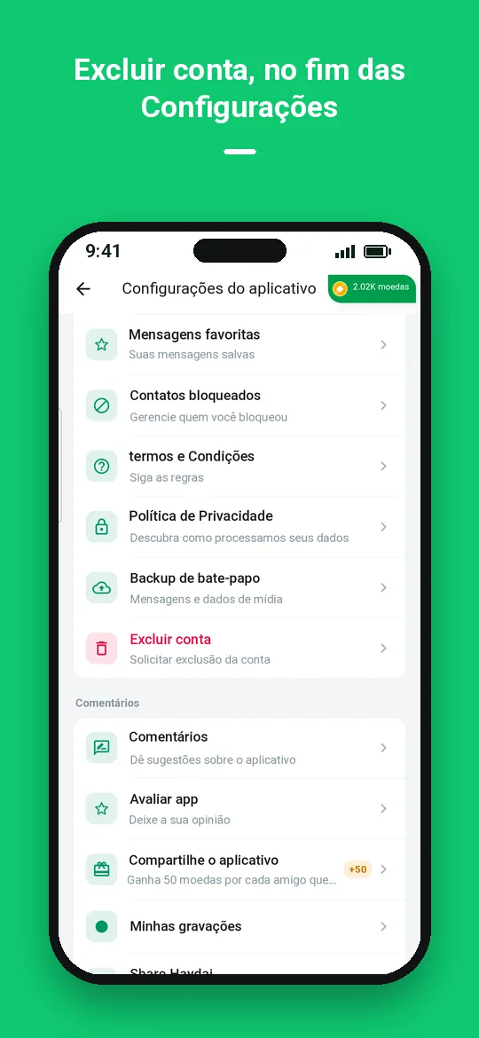 Excluir conta, no fim das Configurações — Haydai