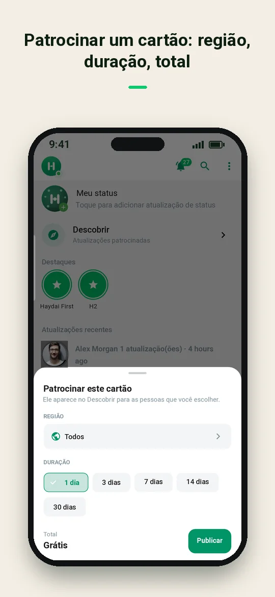 Patrocinar um cartão: região, duração, total — Haydai