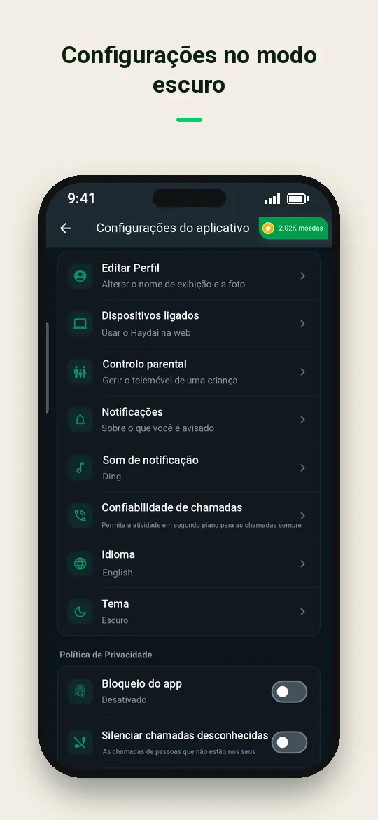 Configurações no modo escuro — Haydai
