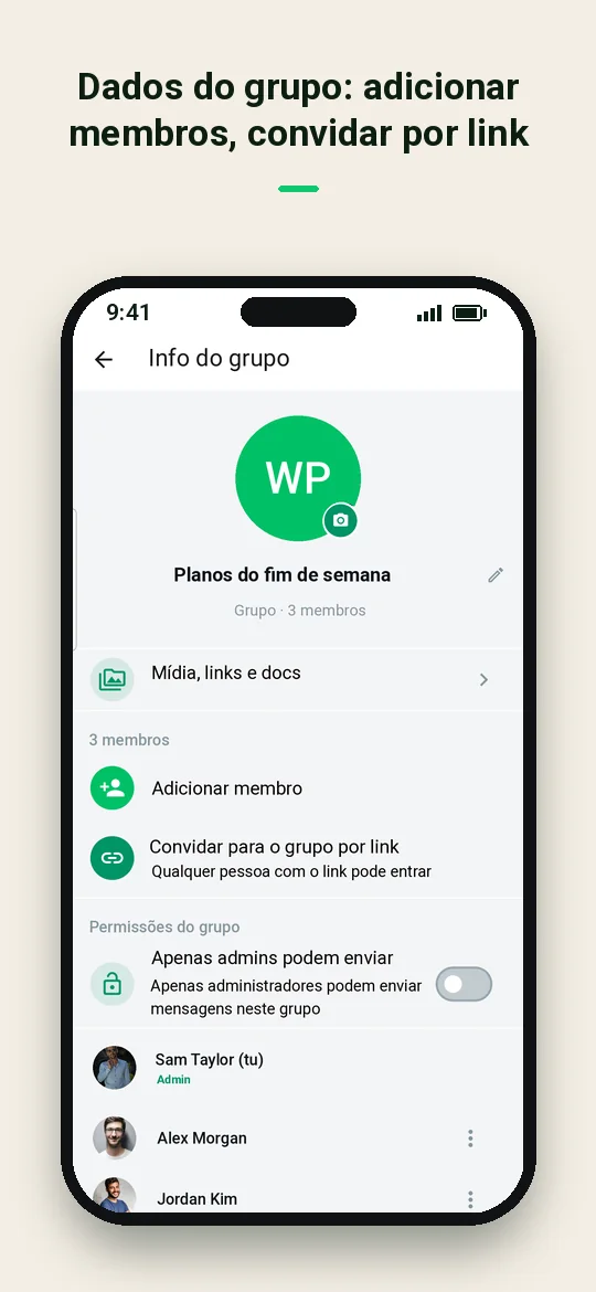 Dados do grupo: adicionar membros, convidar por link — Haydai