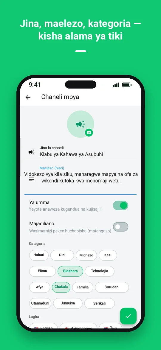 Jina, maelezo, kategoria — kisha alama ya tiki — Haydai