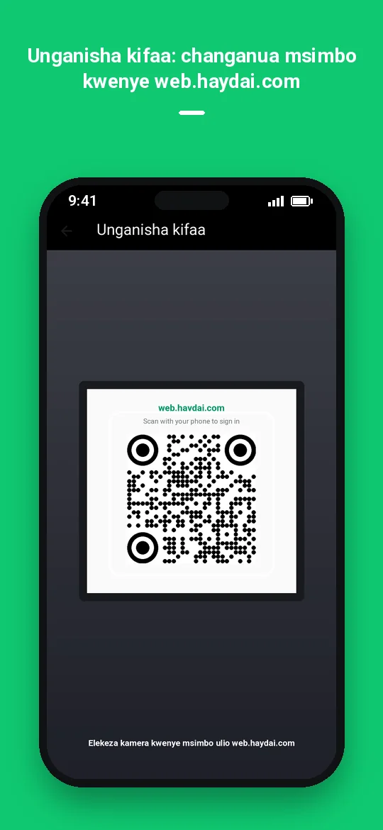 Unganisha kifaa: changanua msimbo kwenye web.haydai.com — Haydai