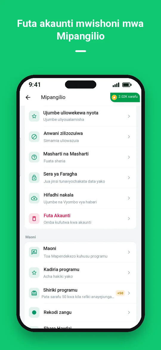 Futa akaunti mwishoni mwa Mipangilio — Haydai