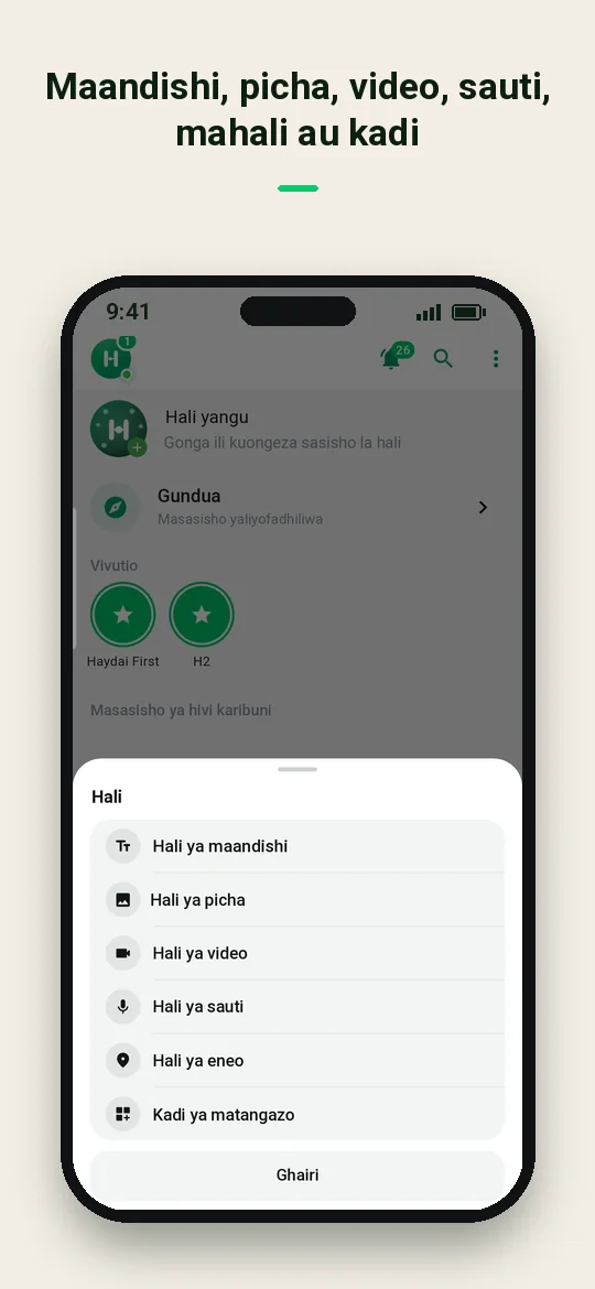 Maandishi, picha, video, sauti, mahali au kadi — Haydai