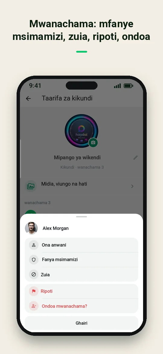 Mwanachama: mfanye msimamizi, zuia, ripoti, ondoa — Haydai