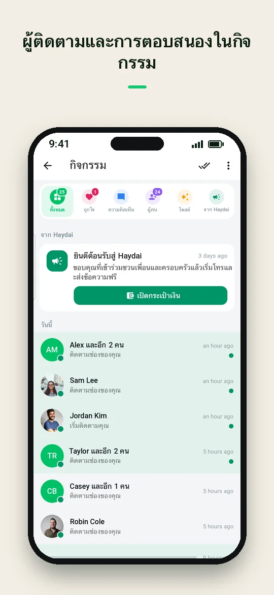 ผู้ติดตามและการตอบสนองในกิจกรรม — Haydai