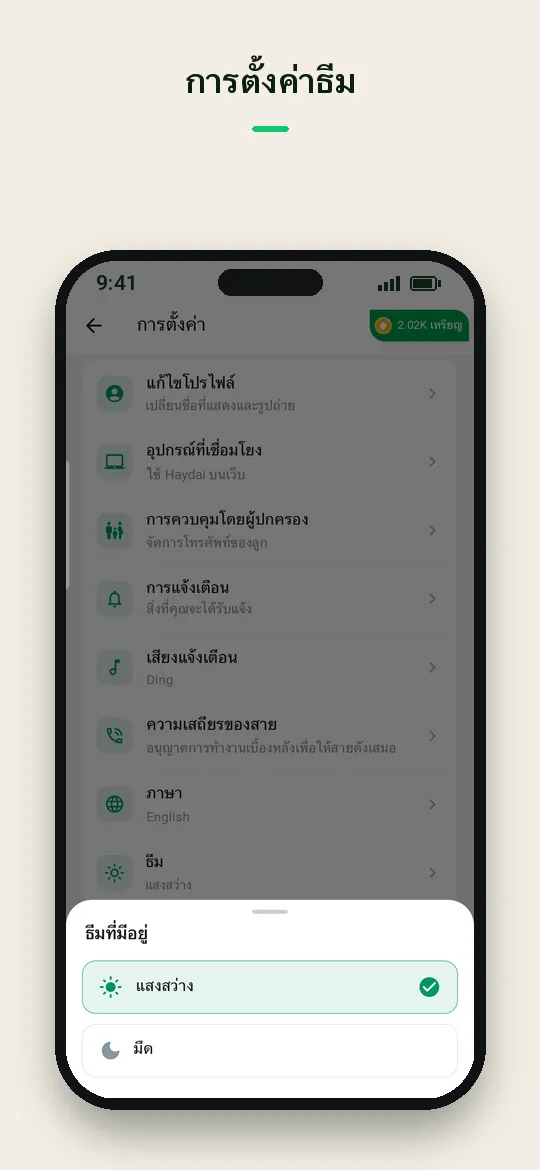 การตั้งค่า ธีม — Haydai