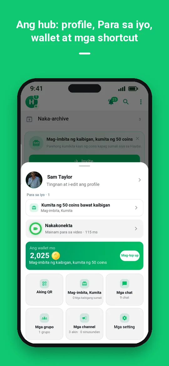 Ang hub: profile, Para sa iyo, wallet at mga shortcut — Haydai