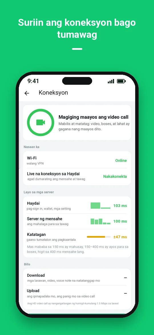 Suriin ang koneksyon bago tumawag — Haydai