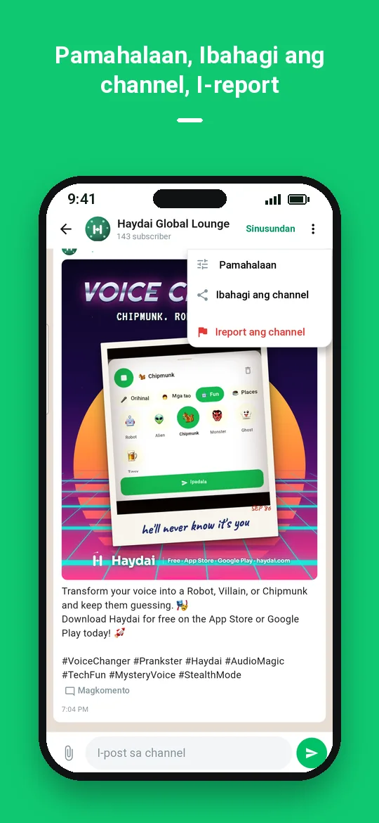 Pamahalaan, Ibahagi ang channel, I-report — Haydai