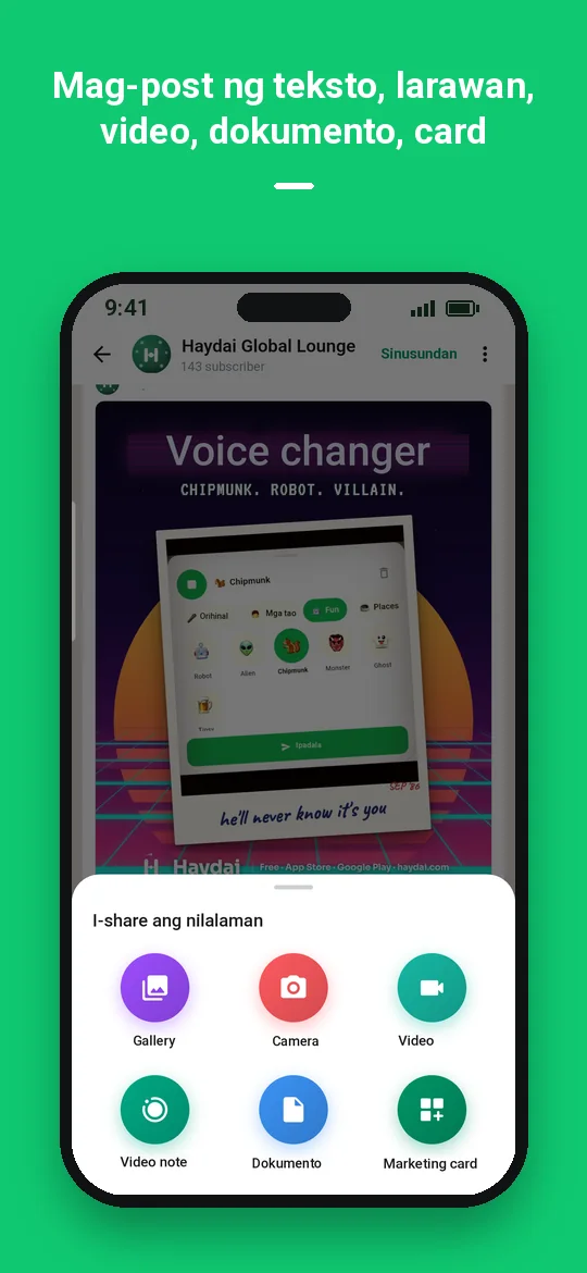 Mag-post ng teksto, larawan, video, dokumento, card — Haydai
