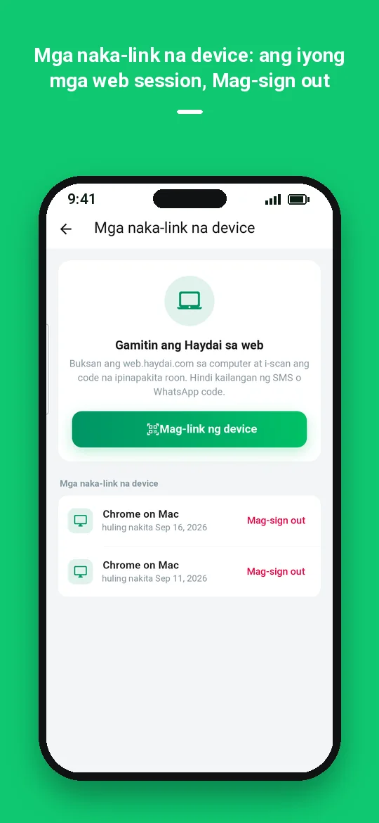 Mga naka-link na device: ang iyong mga web session, Mag-sign out — Haydai