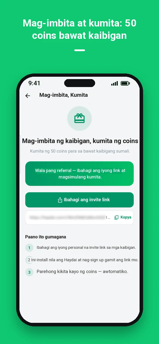 Mag-imbita at kumita: 50 coins bawat kaibigan — Haydai