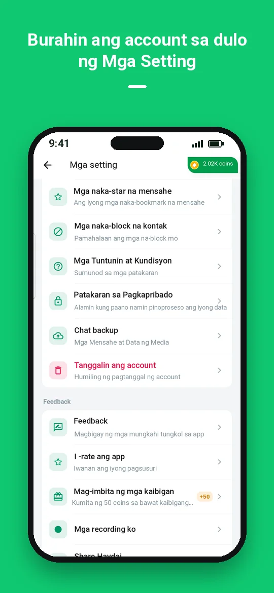 Burahin ang account sa dulo ng Mga Setting — Haydai