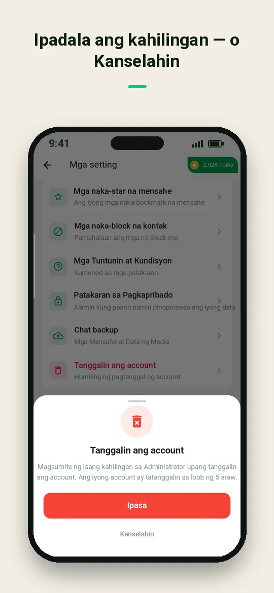 Ipadala ang kahilingan — o Kanselahin — Haydai