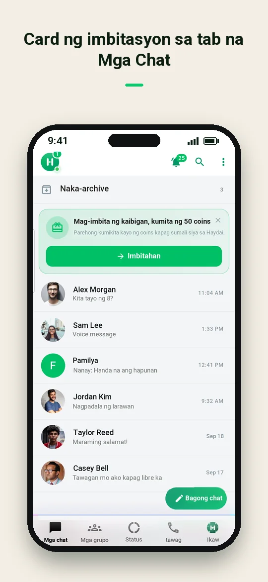 Card ng imbitasyon sa tab na Mga Chat — Haydai