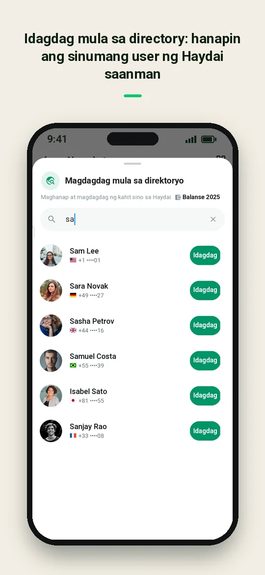Idagdag mula sa directory: hanapin ang sinumang user ng Haydai saanman — Haydai
