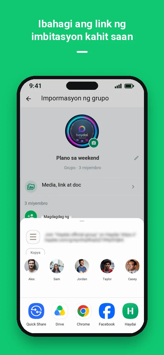 Ibahagi ang link ng imbitasyon kahit saan — Haydai