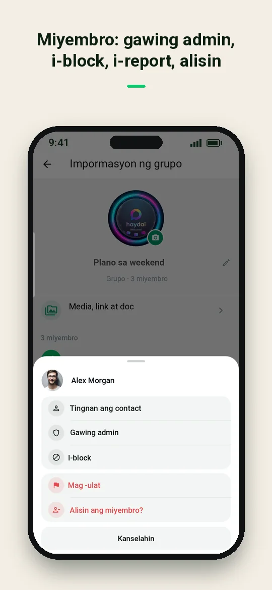 Miyembro: gawing admin, i-block, i-report, alisin — Haydai