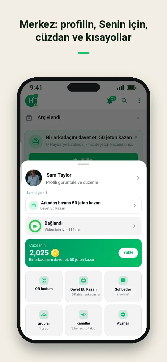 Merkez: profilin, Senin için, cüzdan ve kısayollar — Haydai