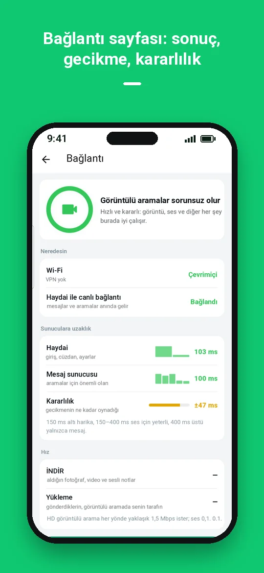 Bağlantı sayfası: sonuç, gecikme, kararlılık — Haydai