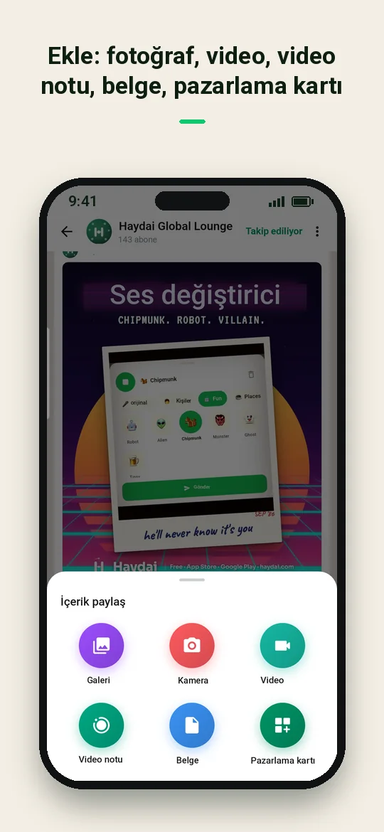 Ekle: fotoğraf, video, video notu, belge, pazarlama kartı — Haydai