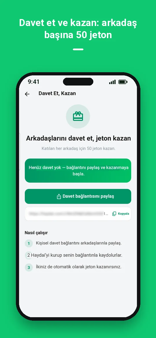Davet et ve kazan: arkadaş başına 50 jeton — Haydai
